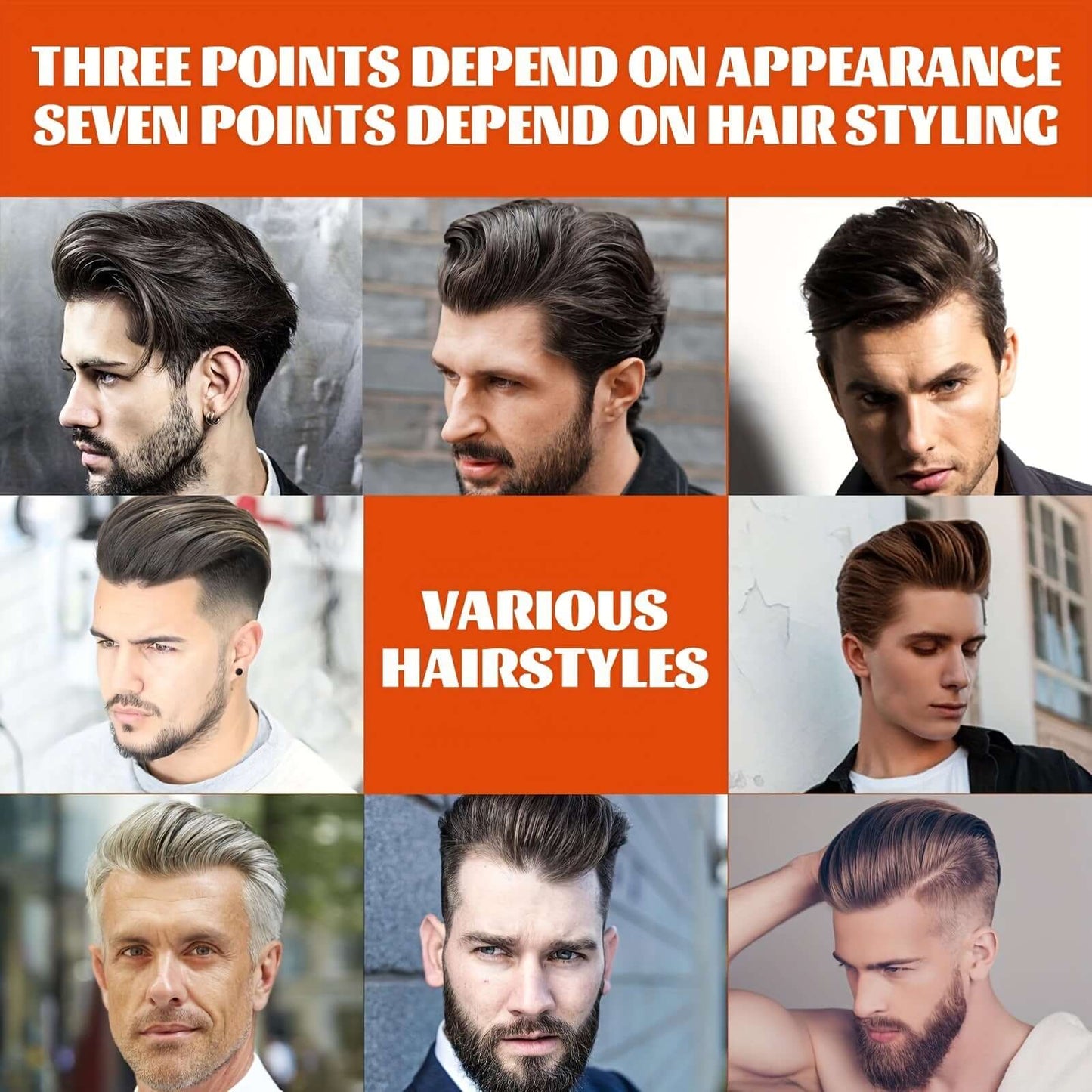 Collage of men's hairstyles showcasing various styling options with quotes on appearance and styling importance.