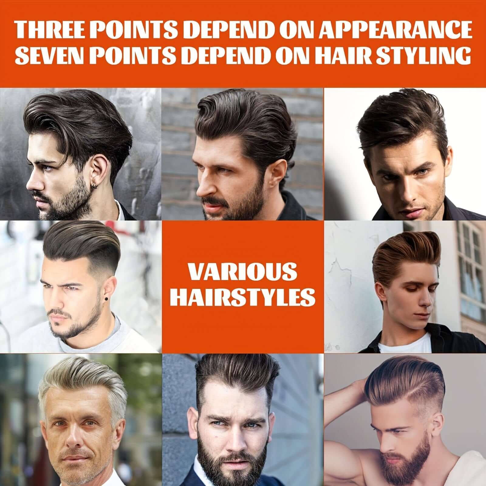 Collage of men's hairstyles showcasing various styling options with quotes on appearance and styling importance.