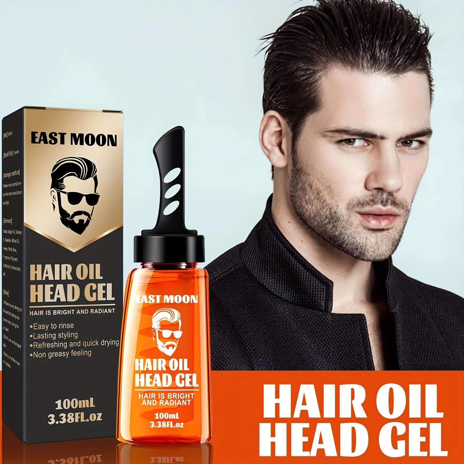 Men's Hair Oil Head Gel by East Moon for bright, stylish hair, featuring a sleek bottle and modern packaging.