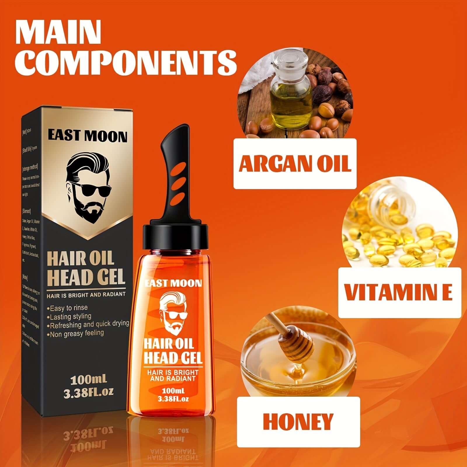 Men's 2-in-1 Hair Oil Head Gel with Argan Oil, Vitamin E, and Honey for shiny, healthy hair.